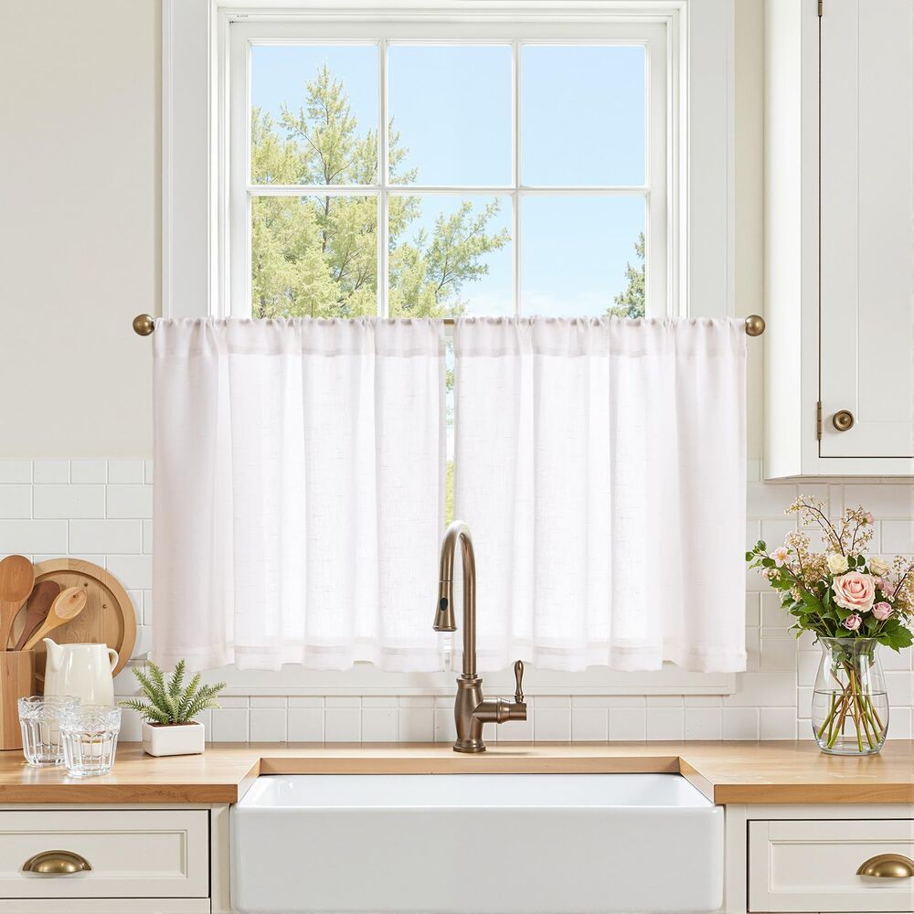 Set of 2 Curtain Panels, 38"W x 24"L Linen Blend Tier Curtains Light Filtering